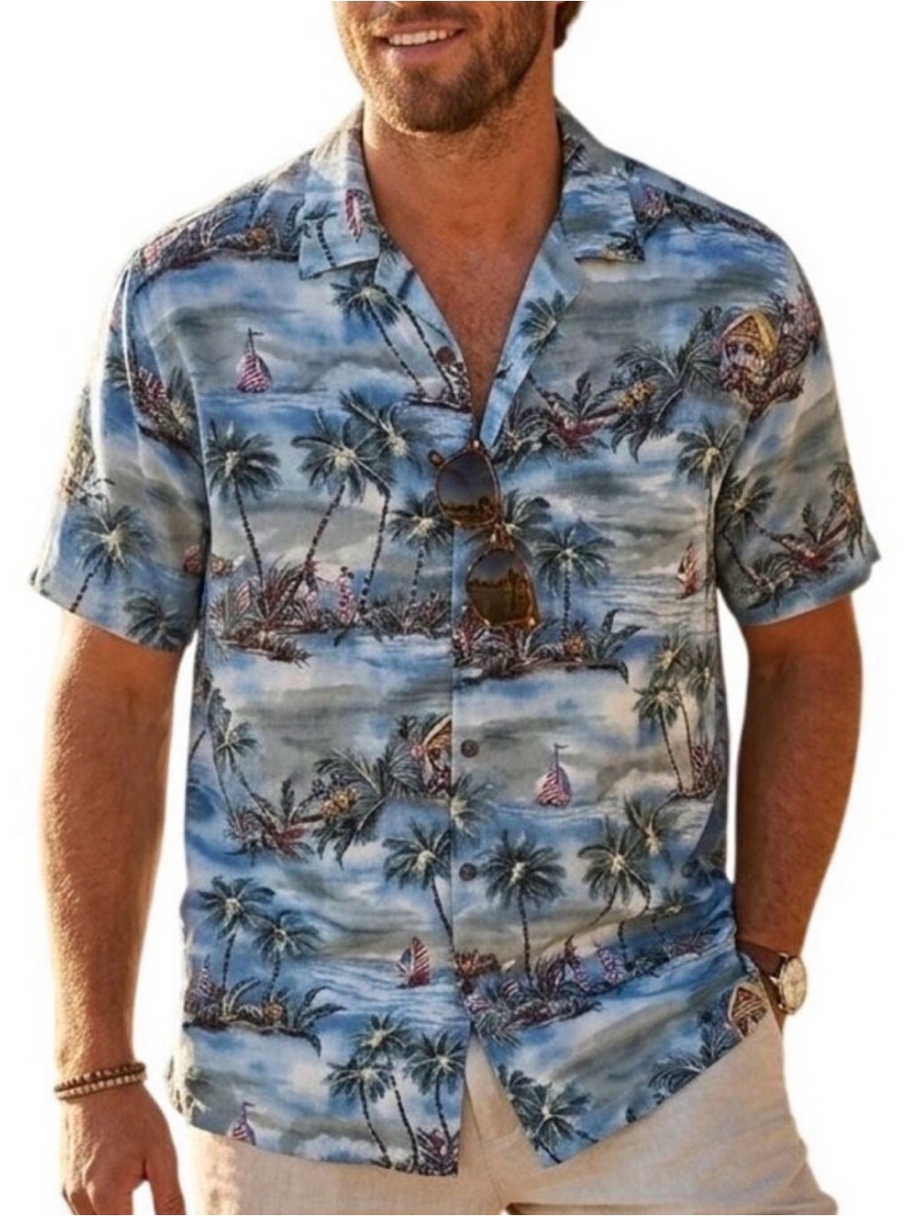 Batik Bay Camp Shirt Mens Large Blue Hawaiian Sailboat Button Aloha Islands